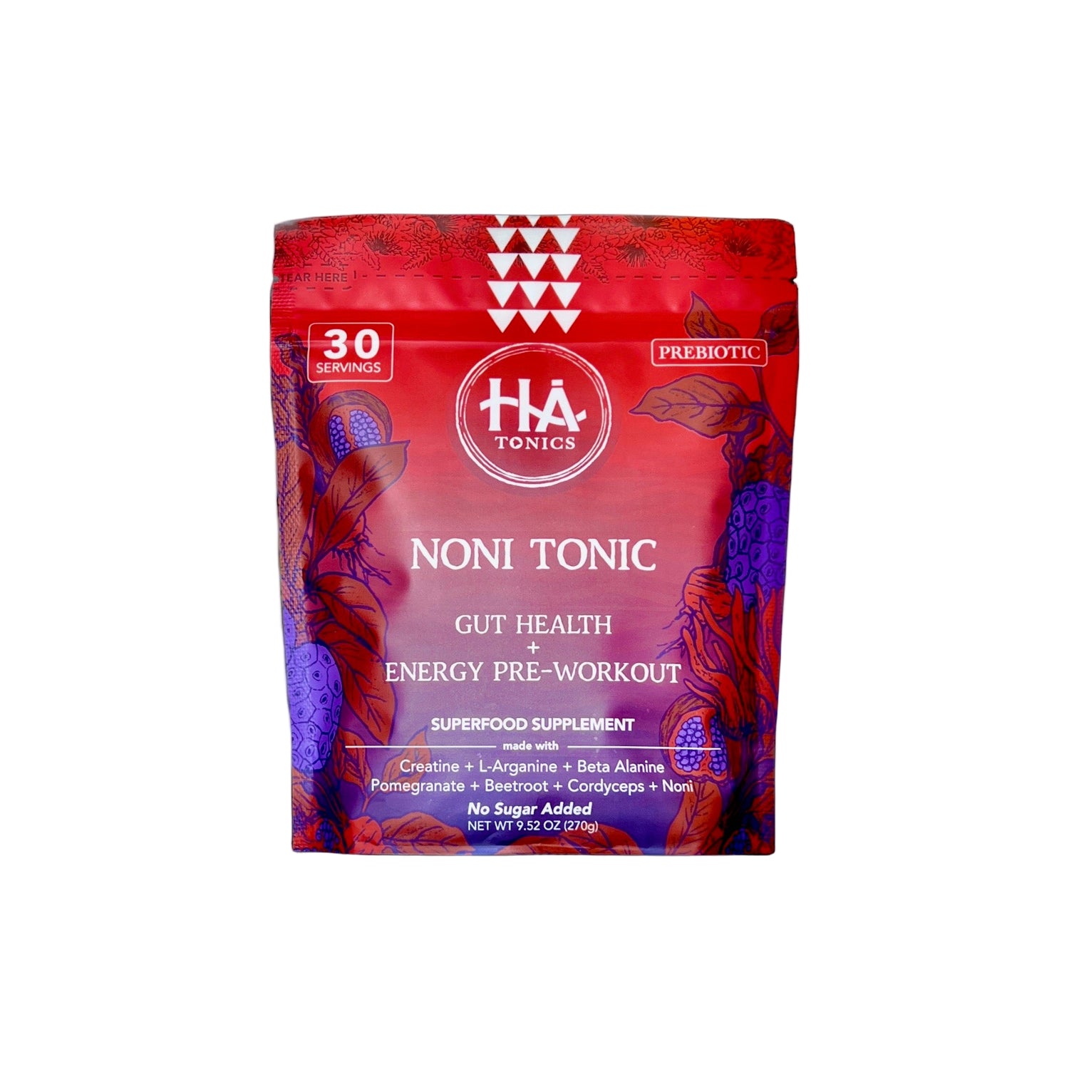 A red and purple pouch labeled Noni Tonic - Gut Health + Energy Pre-Workout by Hā Tonics, showing supplement details and ingredients on the front.