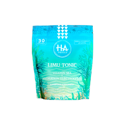 A blue-green pouch labeled Limu Tonic with seaweed graphics, advertising vitamin sea, hydration, electrolytes, 30 servings, and superfood supplement.