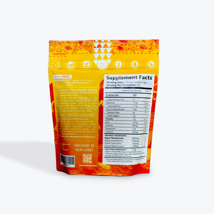 Back of a yellow and orange food package showing supplement facts, directions, description, and ingredient list. Label states the product is organic and non-GMO.