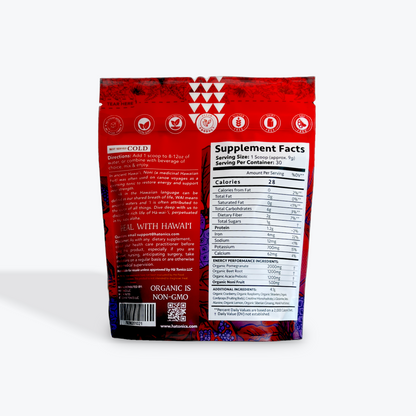 Back of a red food package displaying supplement facts, directions, branding icons, and organic/non-GMO label on a white background.