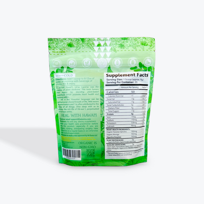 Back of a green supplement pouch showing directions, supplement facts, health claims, and certification labels, including Organic and Non-GMO..