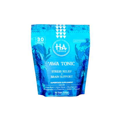A blue pouch labeled Awa Tonic by HA Tonics, advertising stress relief and brain support benefits, and listing adaptogenic and superfood ingredients.