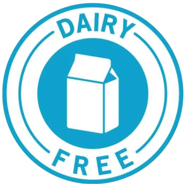A blue circle contains a white carton icon and the words DAIRY FREE in bold blue letters above and below the carton.