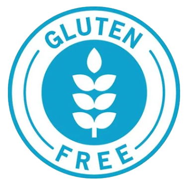 A blue circular badge with a stylized wheat symbol in the center and the words Gluten Free around it, indicating the product is gluten-free.