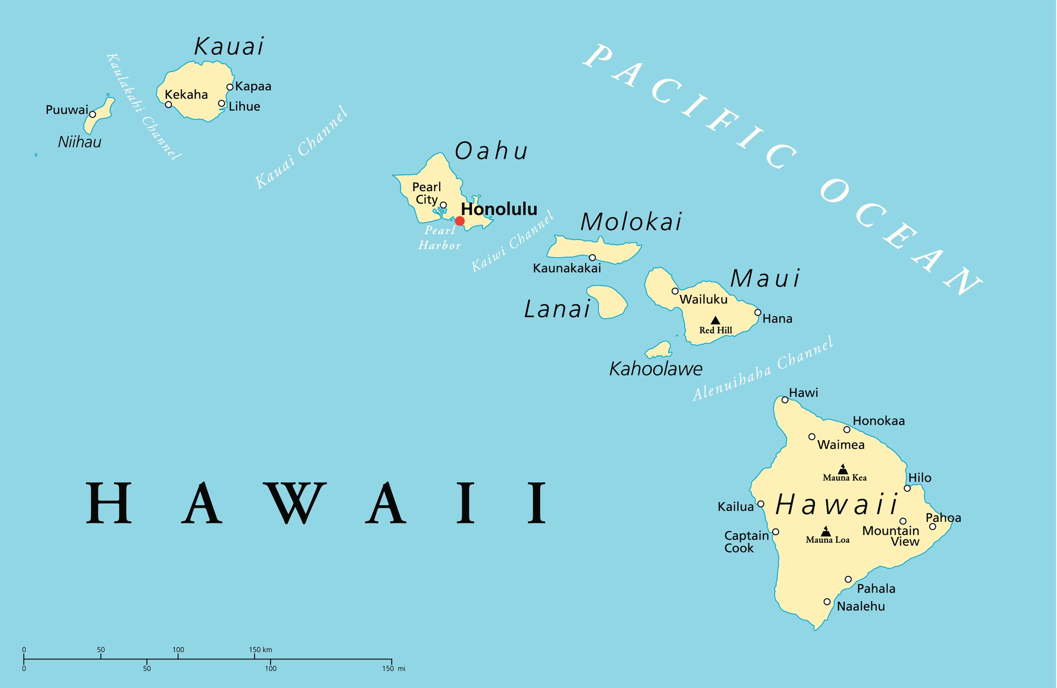 Map of the Hawaiian Islands labeled with island and city names, surrounded by the Pacific Ocean, showing major landforms and channels.