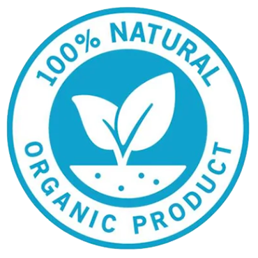 Blue and white circular badge with a plant icon in the center and the text 100% NATURAL ORGANIC PRODUCT around the edge.