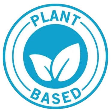 Blue circular emblem with two leaves in the center and the words PLANT BASED surrounding the leaves.