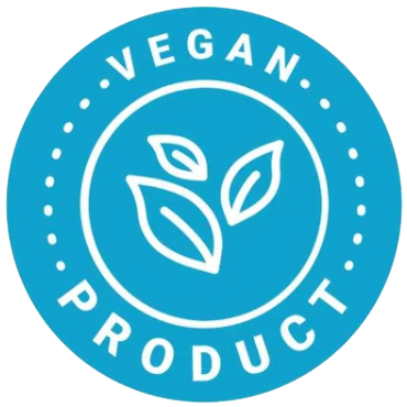 Blue circular badge with three white leaves in the center, surrounded by the words Vegan Product in white, indicating a product is vegan.